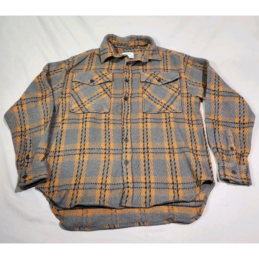 Sovereign Code River Button Up Plaid‎ Shacket Large Gold Gray Textured